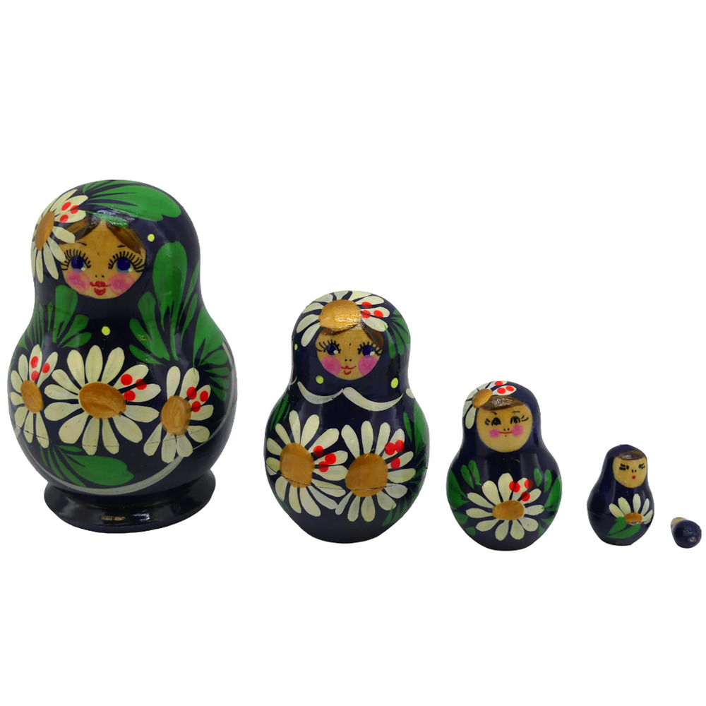 Lot of 5 VTG Russian Matryoshka Woode Nesting Dolls Hand Painted Blue Floral Set